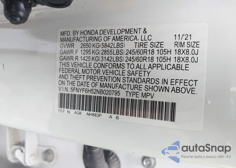 2022 Honda Pilot Awd Ex-L z USA, uszkodzony, nr VIN 5FNYF6H52NB020795